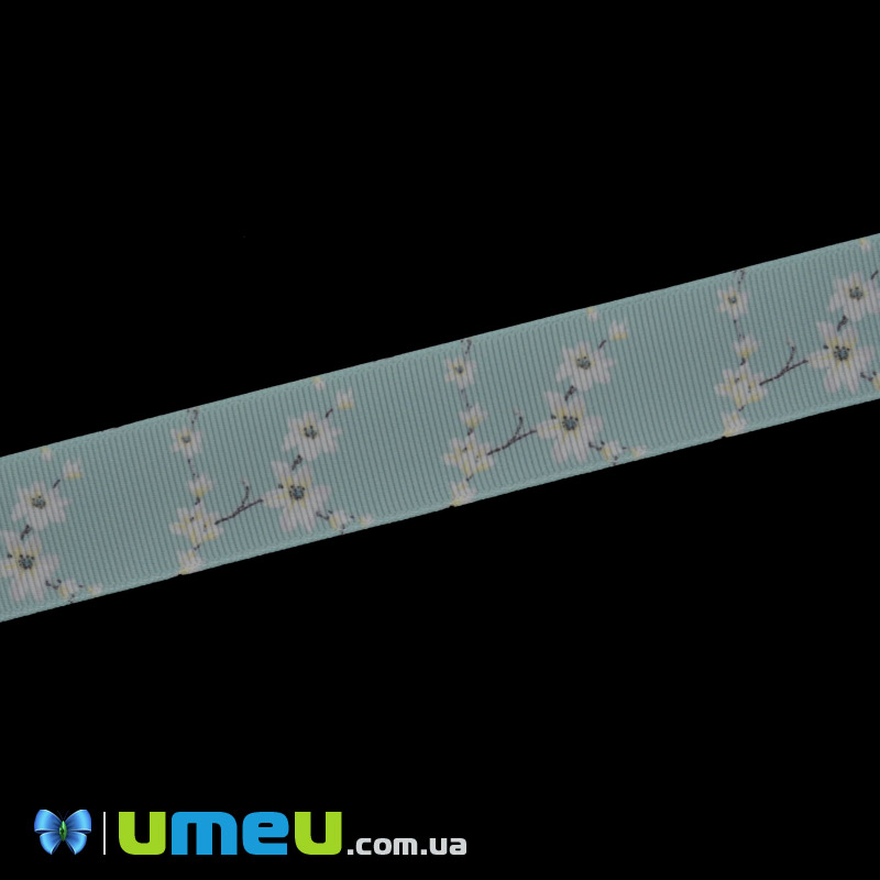 Репсова стрічка з малюнком Квіти, 25 мм, М'ятна (LEN-040268)