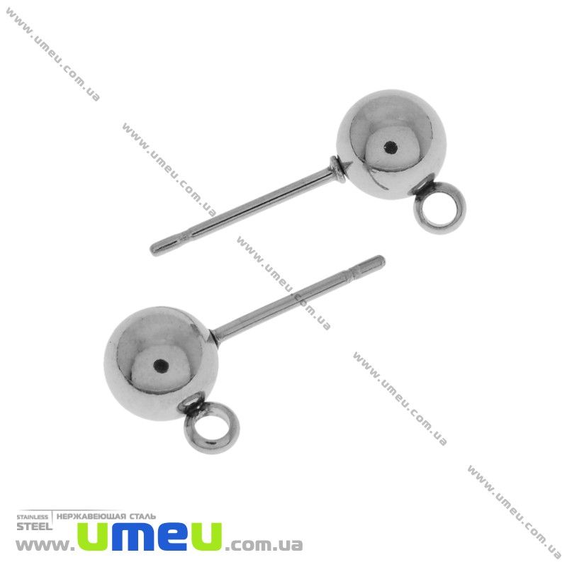 Пусети з нерж. сталі з кулькою 6 мм, 17х9 мм, Темне срібло (STL-031419)