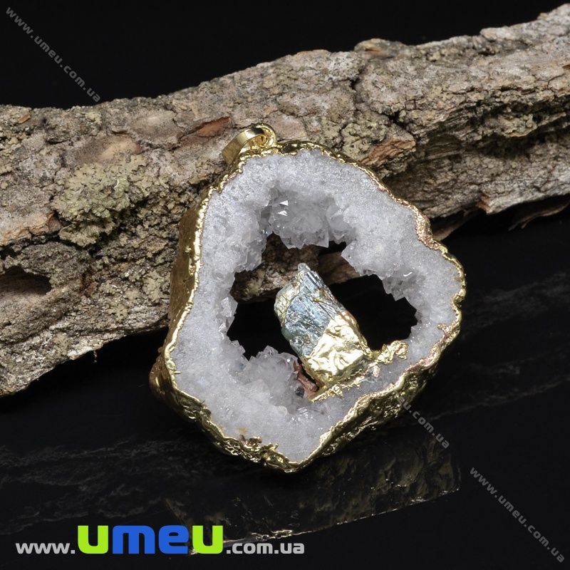Підвіска з натурального каменю Друза Гірського кришталю з кіанітом в металі, 56х45 мм (POD-031595)