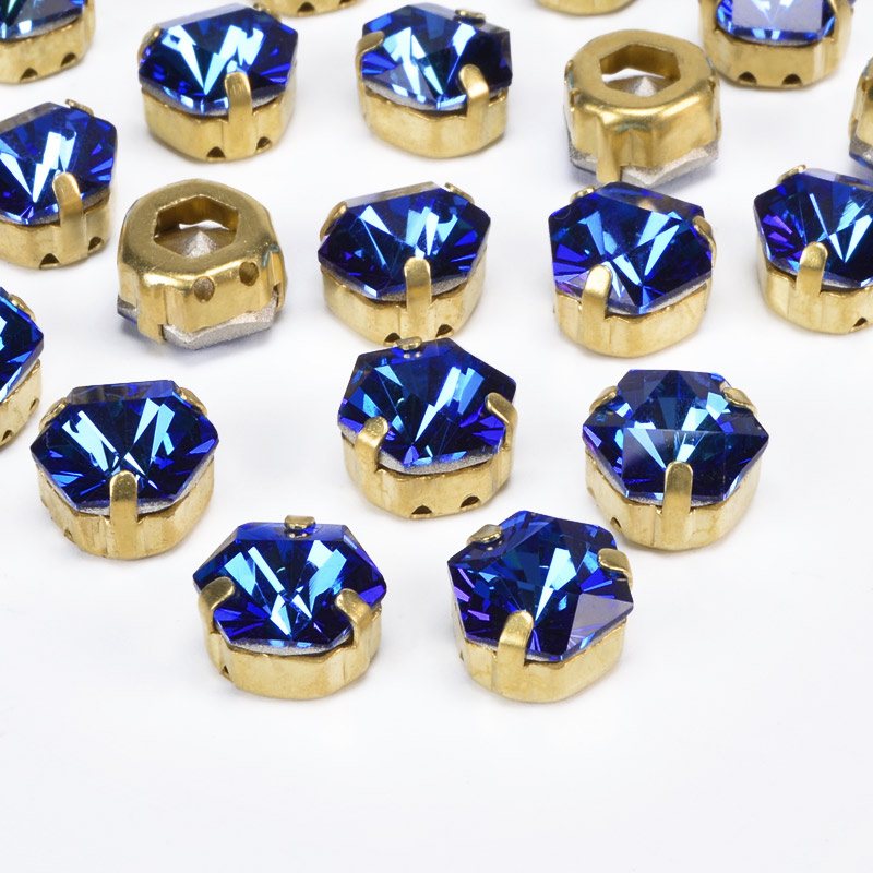 Шатон шестикутний, 10,5х10 мм, Золото, Синій (KAB-053069)