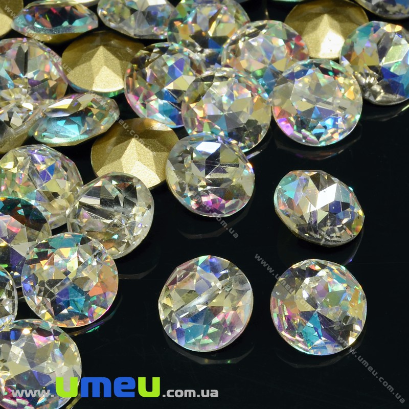 Ріволі скляний, Круглий гранований, Кристал, 10 мм, Білий АВ (KAB-033954)