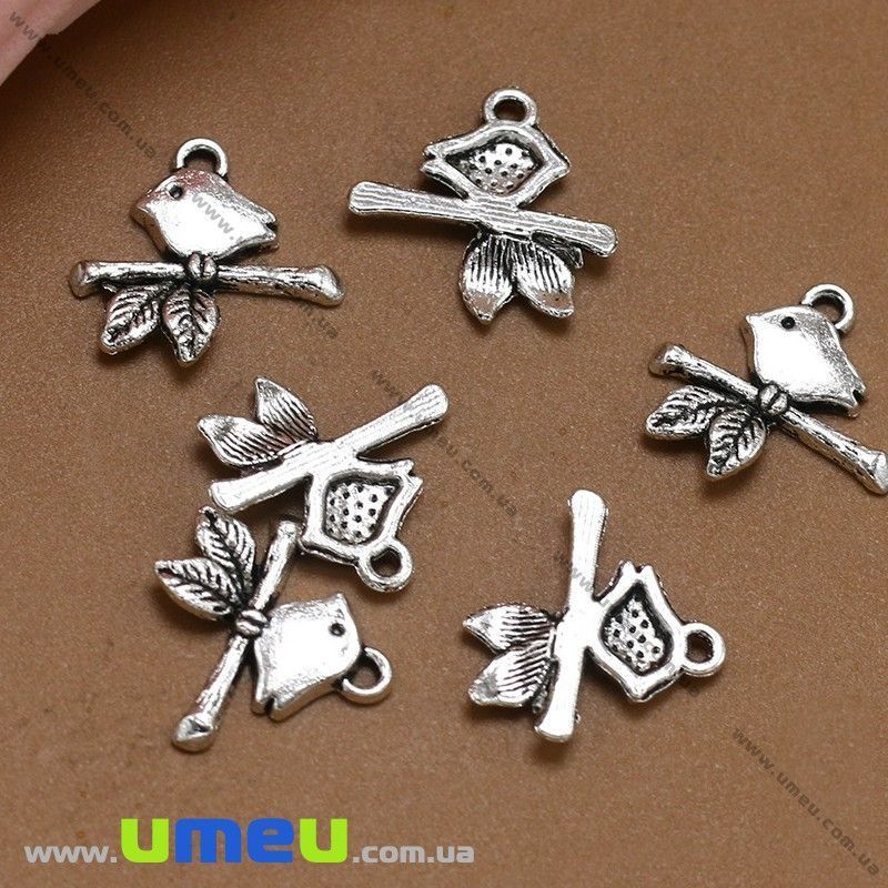 Подвеска метал. Птичка на ветке, 17х16 мм, Античное серебро (POD-028286)