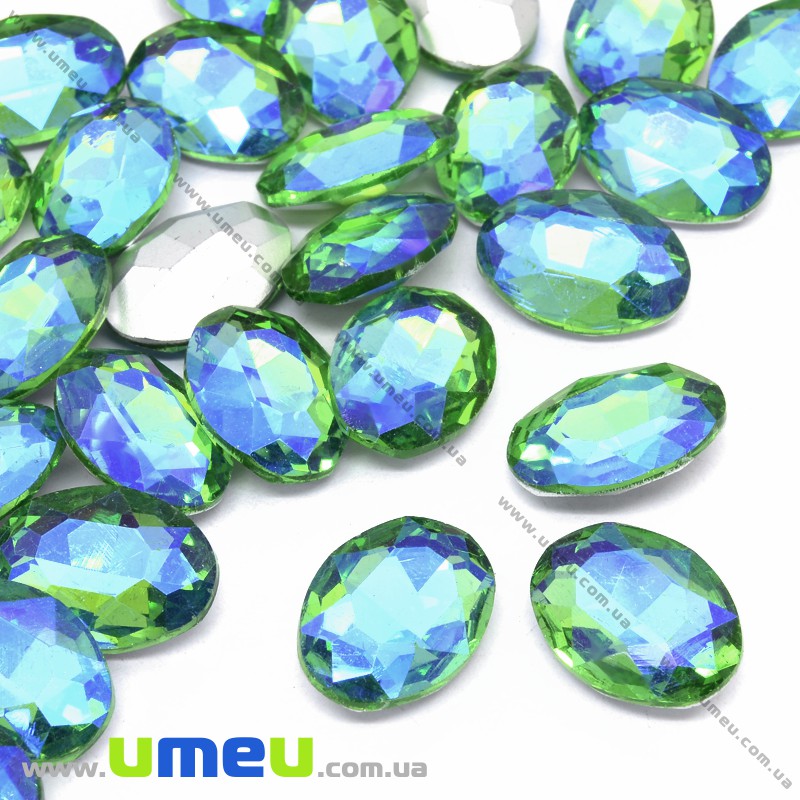 Ріволі скляний, Овал гранований, Райдужний, 14х10 мм, Салатовий АВ (KAB-034003)