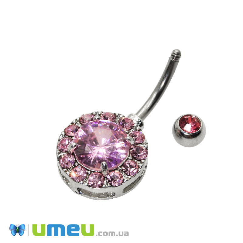 Сережка для пірсингу пупка з нерж. сталі, Темне срібло, 29х13 мм, Рожева (OSN-048046)