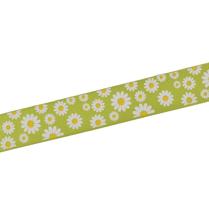 Репсова стрічка з малюнком Ромашки, 25 мм, Оливкова (LEN-054883)