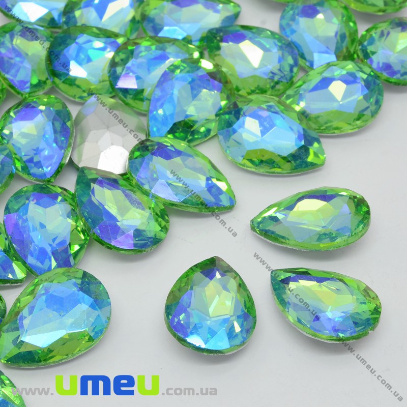 Ріволі скляний, Крапля гранована, Райдужний, 14х10 мм, Салатовий АВ (KAB-033966)