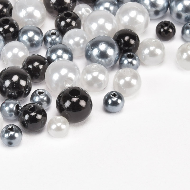 Намистини для сумок ОПТ, Пластикові круглі, Перли, 6-10 мм, Мікс чорно-білий (BUS-059773)