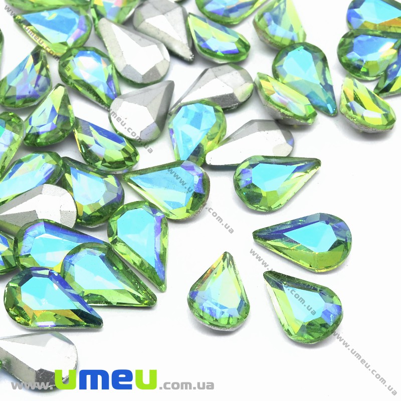 Ріволі скляний, Крапля гранована, Райдужний, 13х8 мм, Салатовий АВ (KAB-034006)