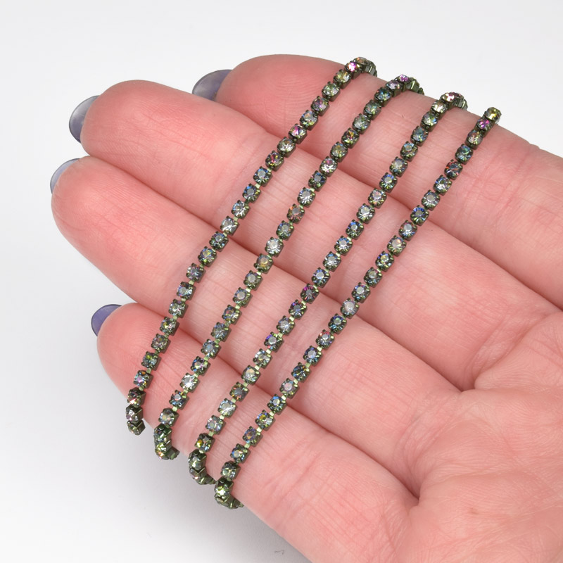 Стразовая цепь SS6 - 2,0 мм, Ирис зеленая, Стразы стеклянные ирис (ZEP-043005)