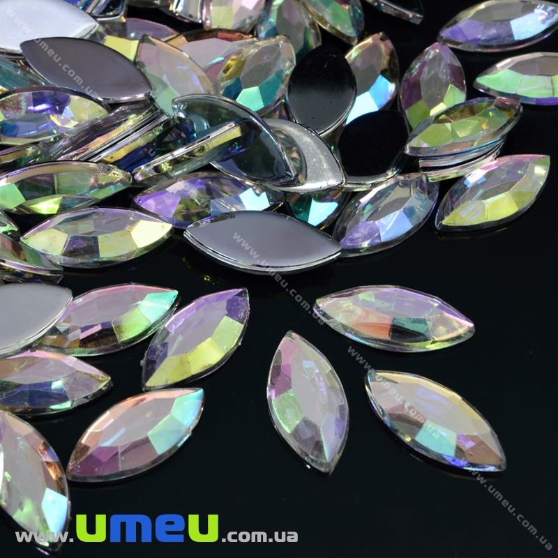 Кабошон пластиковий, Човник гранований, 15х7 мм, Білий АВ (KAB-022049)