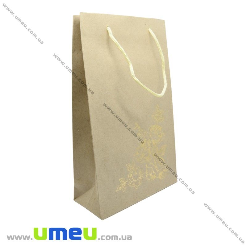 Подарунковий пакет з крафт паперу Квіти, 27х17х7 см, Бежевий (UPK-023637)