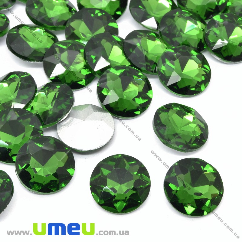 Ріволі скляний, Круглий гранований, Кристал, 12 мм, Зелений (KAB-033922)
