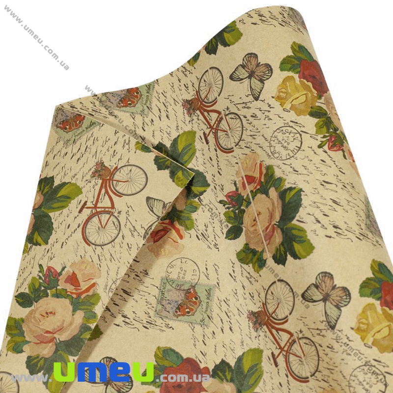 Пакувальний двосторонній крафт папір Троянди і велосипед, Бежевий, 65х100 см (UPK-035575)