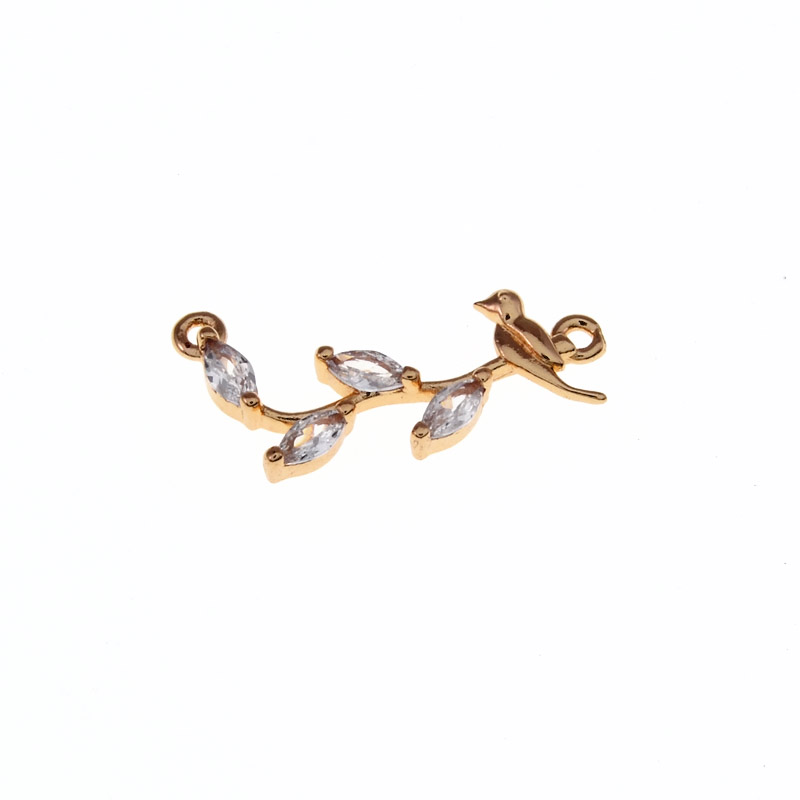 Конектор металевий Пташка на гілці, 25х11 мм, Куб. цирконій, Золото (KON-055499)
