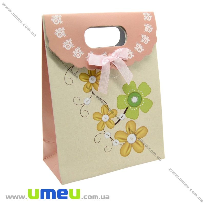 Подарунковий пакет на липучці, Квіти, Бежевий, 16х12х6 см (UPK-020421)