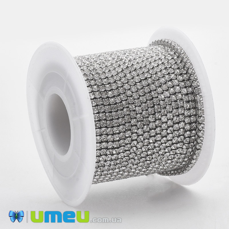 Стразовий ланцюг SS6 - 2,0 мм, нерж. сталь т. срібло, Стрази скляні білі (ZEP-040487)