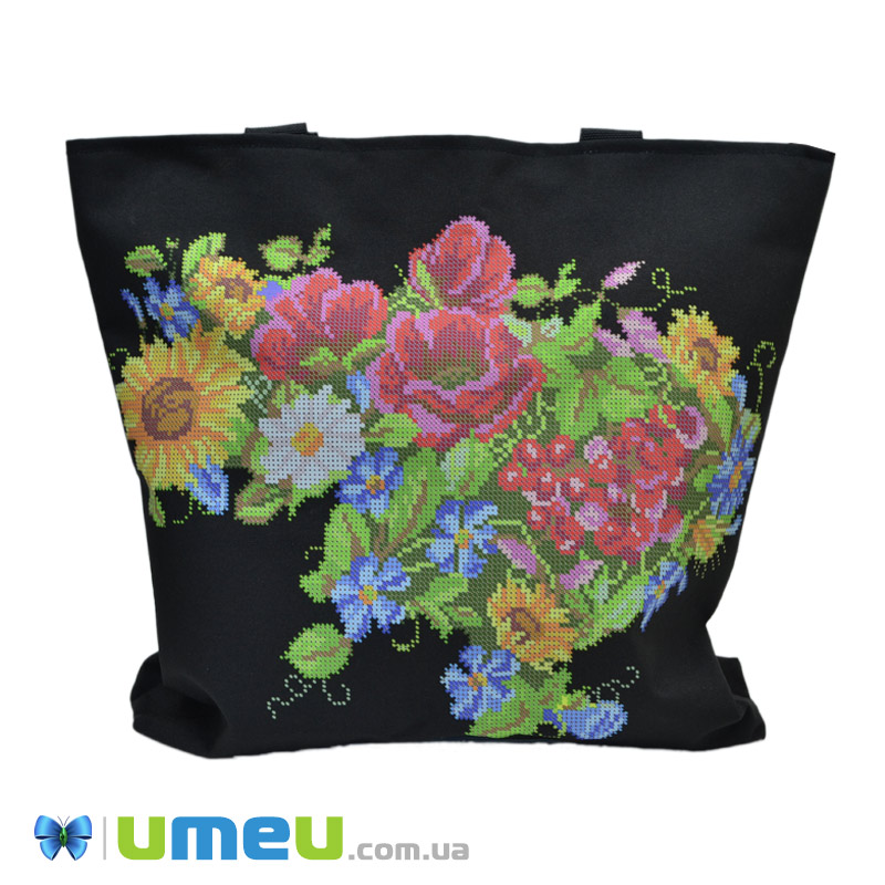 Сумка з принтом під вишивку, Квіти, Чорна (SXM-044489)