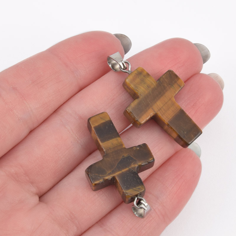 Підвіска Хрест, Натур. камінь Тигрове око, 30х20х6 мм (POD-057953)