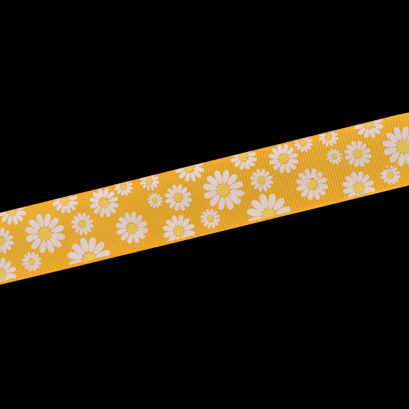 Репсова стрічка з малюнком Ромашки, 25 мм, Помаранчева (LEN-054885)