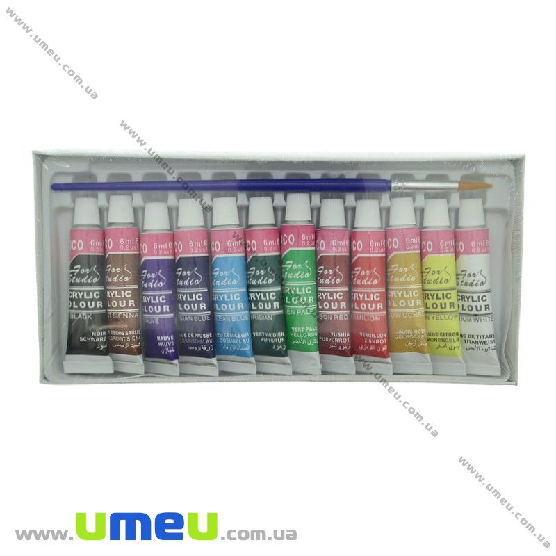 Набір акрилових фарб BARROCO в тюбиках, 12 кольорів по 6 мл, з пензликом (INS-020284)