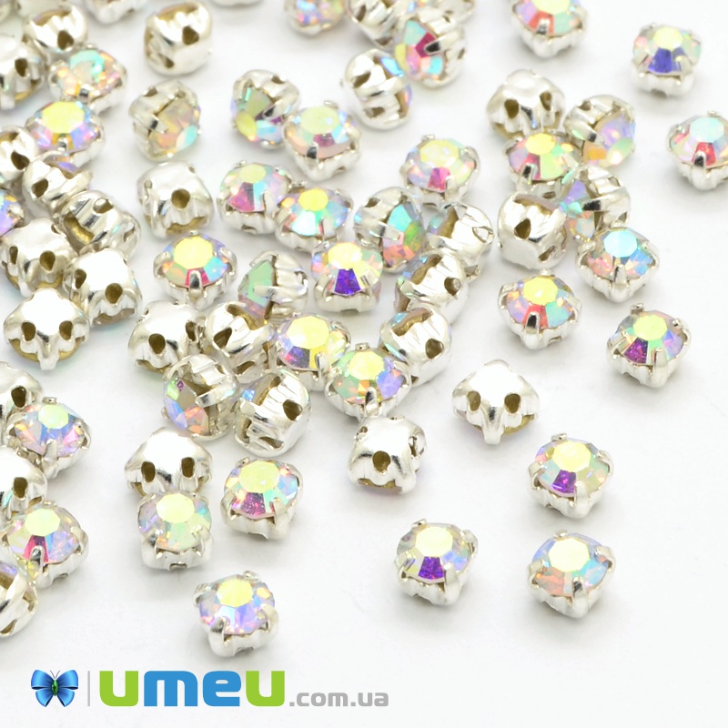 Шатони круглі 3,4 мм, Світле срібло, Білі АВ (KAB-052232)