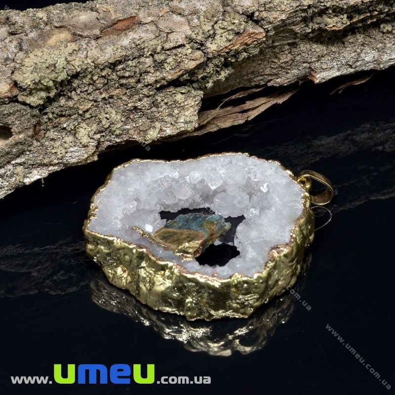 Підвіска з натурального каменю Друза Гірського кришталю з кіанітом в металі, 56х45 мм (POD-031595)