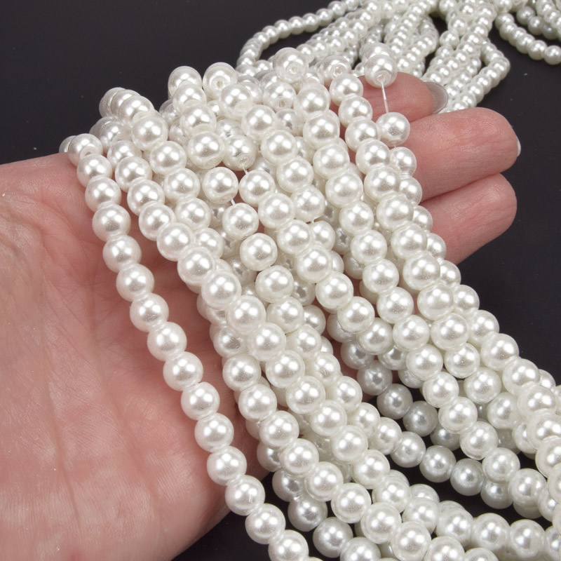 Бусины стеклянные Жемчуг, 6 мм, Белые (молочные), Круглые (BUS-052047)