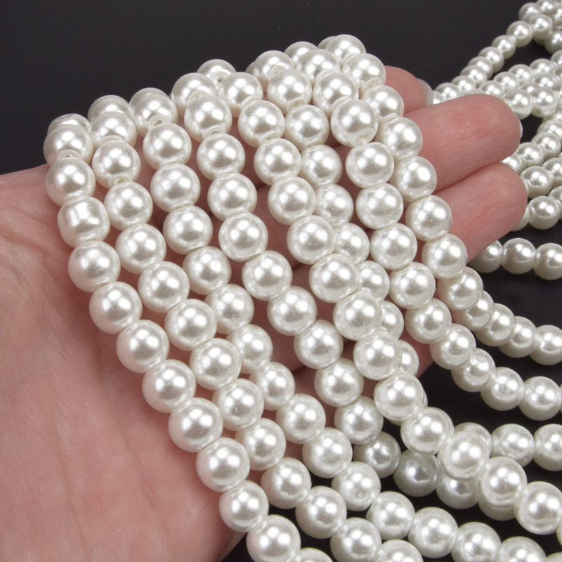 Намистини скляні Перли, 8 мм, Білі (молочні), Круглі (BUS-052087)