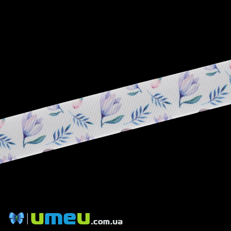 Репсова стрічка з малюнком Магнолія, 25 мм, Біла (LEN-040269)