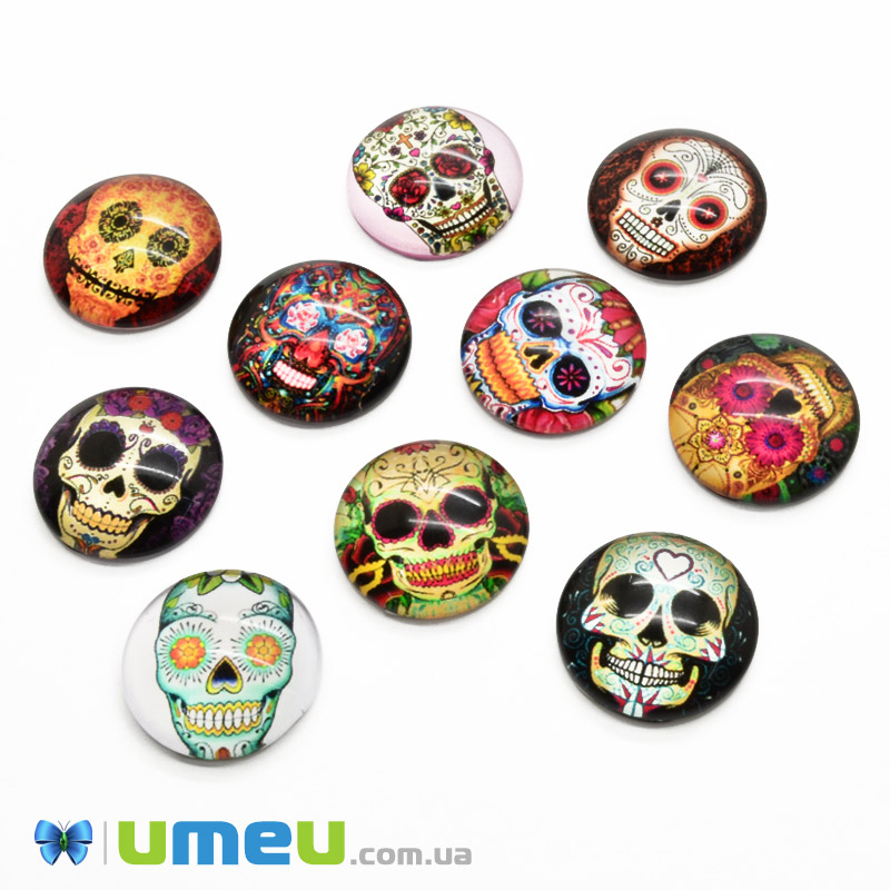 Кабошони скляні з принтом Череп, 18 мм, Круглі, Мікс (KAB-050692)