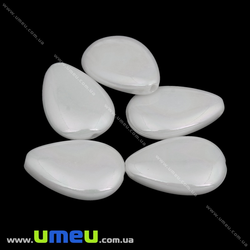 Намистина пластикова Крапля плоска, 17х12х4 мм, Біла (BUS-035855)