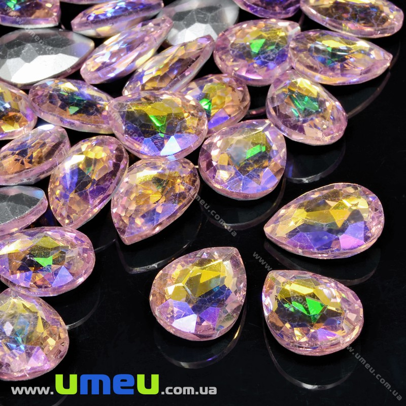 Ріволі скляний, Крапля гранована, Райдужний, 18х13 мм, Рожевий світлий АВ (KAB-033974)