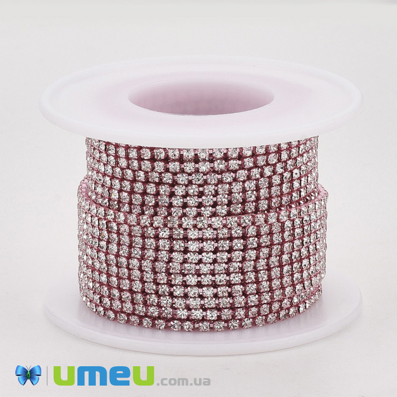 Стразовая цепь SS6 - 2,0 мм, Розовая, Стразы стеклянные белые (ZEP-040484)