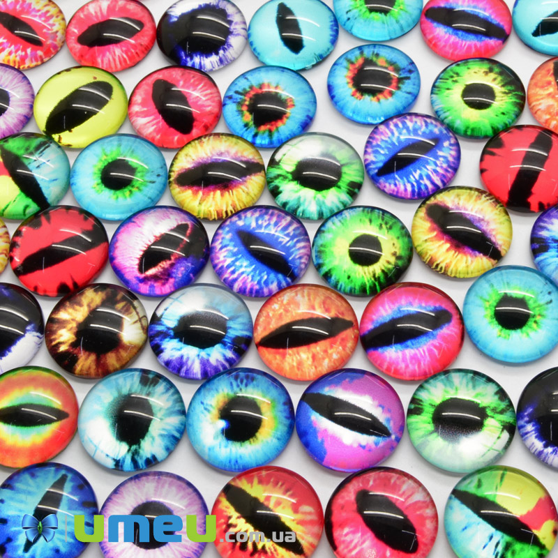 Кабошони скляні з принтом Око, 15 мм, Круглі, Мікс (KAB-050697)