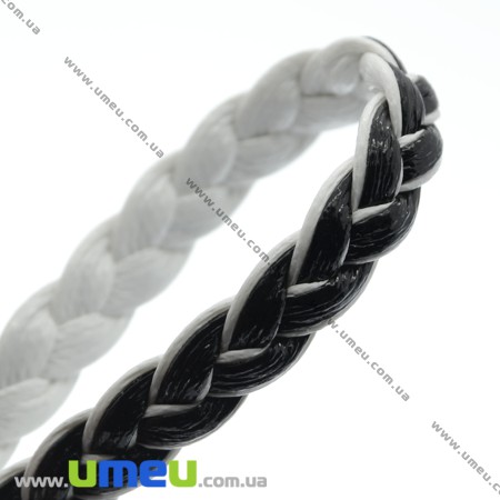 Плетений штучний шкіряний шнур (косичка), Чорно-білий, 6х2 мм (LEN-007355)