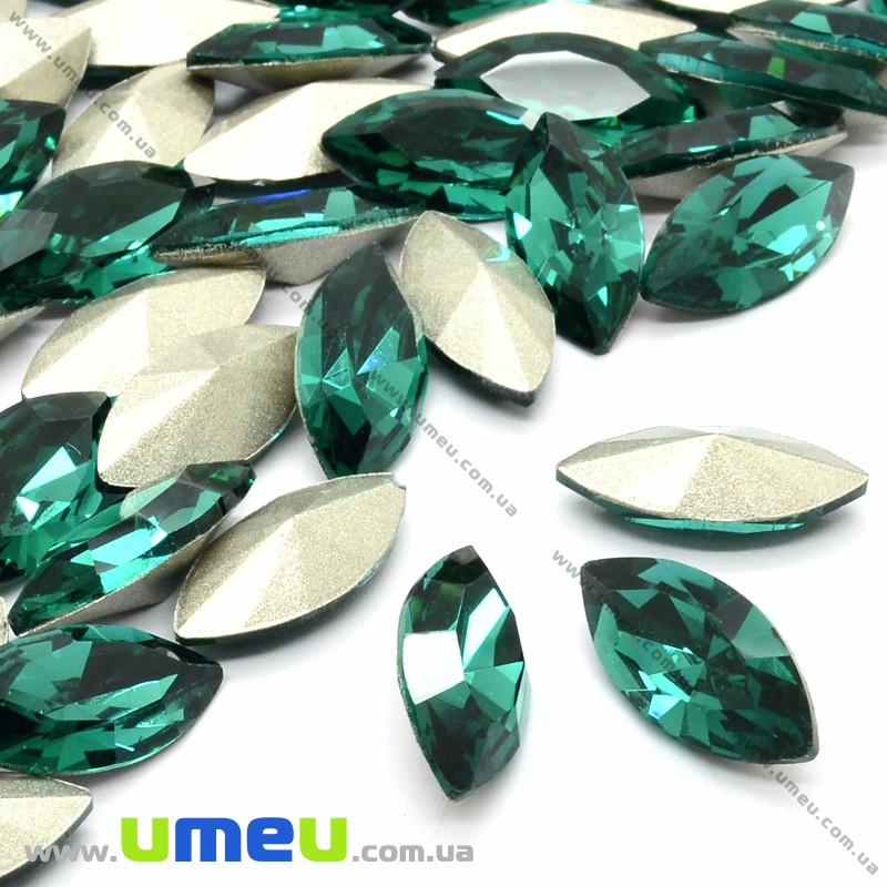 Ріволі скляний, Човник гранований, 15х7 мм, Смарагдовий (KAB-026027)