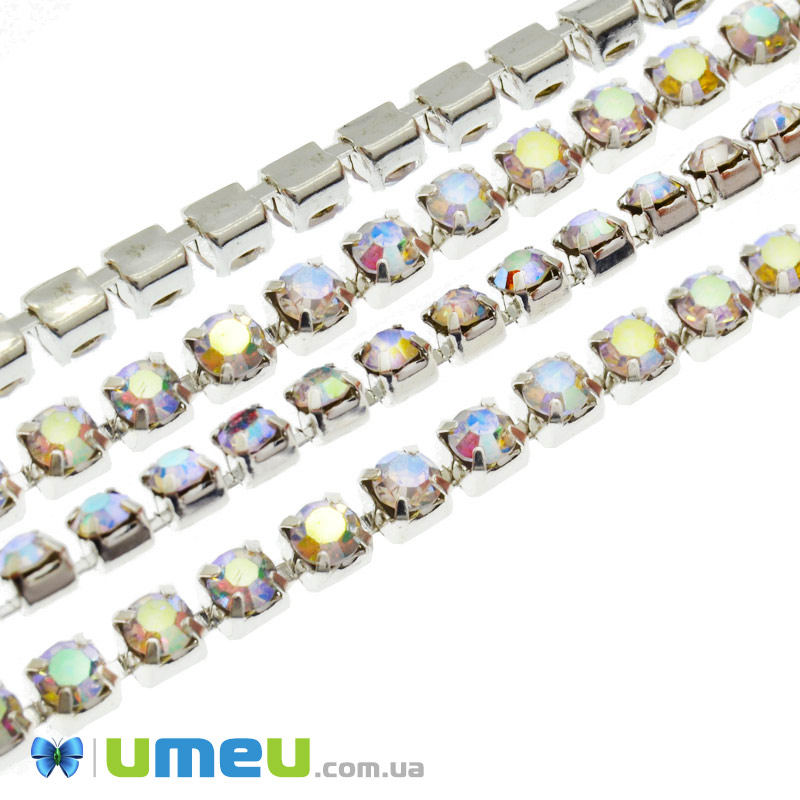 Стразовий ланцюг SS12 (2,8 мм), Світле срібло, Стрази скляні білі АВ (ZEP-047565)