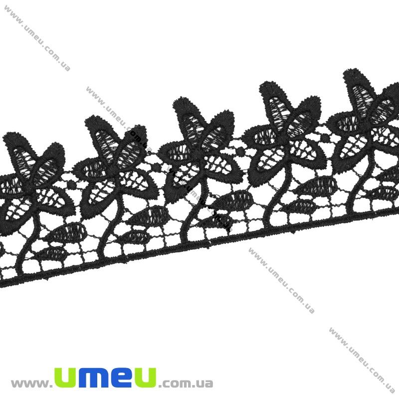 Кружево плетеное Цветы, 50 мм, Черное, 1 м (LEN-011901)