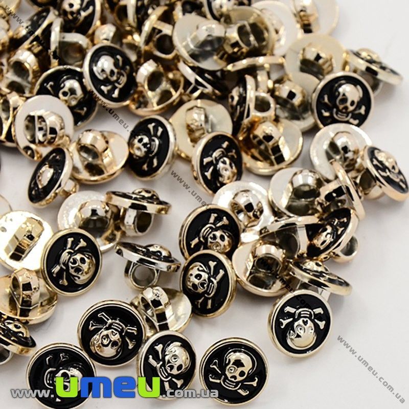 Гудзик пластиковий на ніжці Круглий з черепом, 11 мм, Золотистий (PUG-012918)