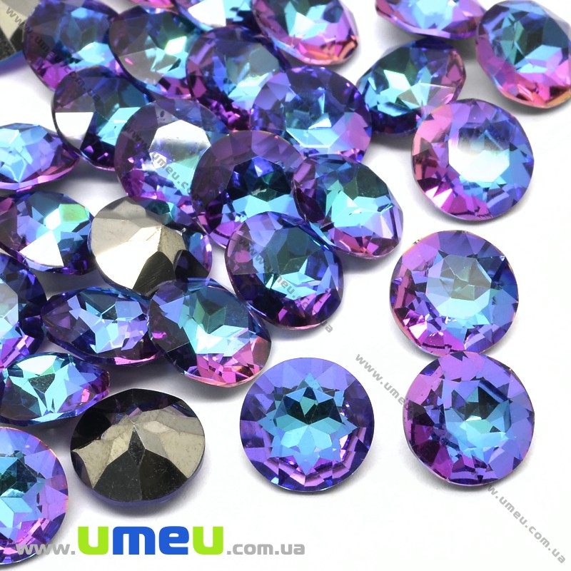 Ріволі скляний, Круглий гранований, Кристал, 10 мм, Бузково-синій (KAB-033933)