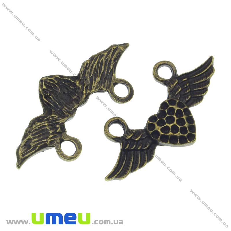 Коннектор металлический Сердце с крыльями, 33х15 мм, Античная бронза (KON-013434)