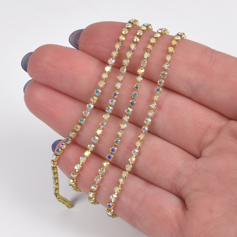 Стразовий ланцюг SS6 - 2,0 мм, Золото, Стрази скляні білі АВ (ZEP-036407)