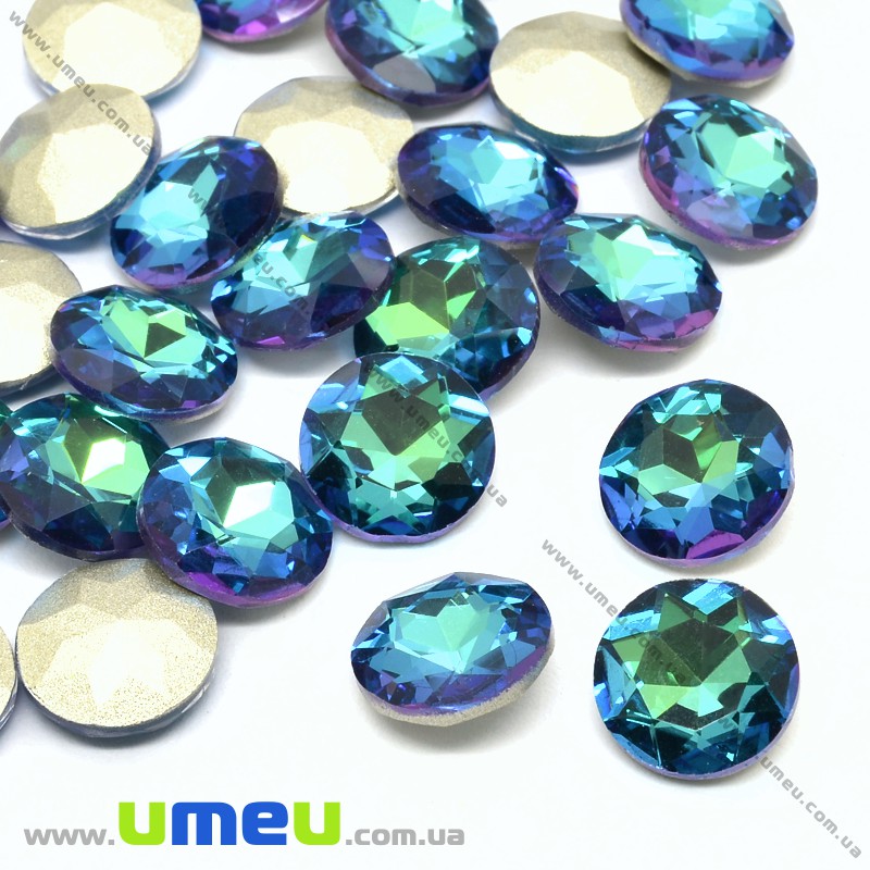 Ріволі скляний, Круглий гранований, Кристал, 10 мм, Синьо-зелений (KAB-033958)