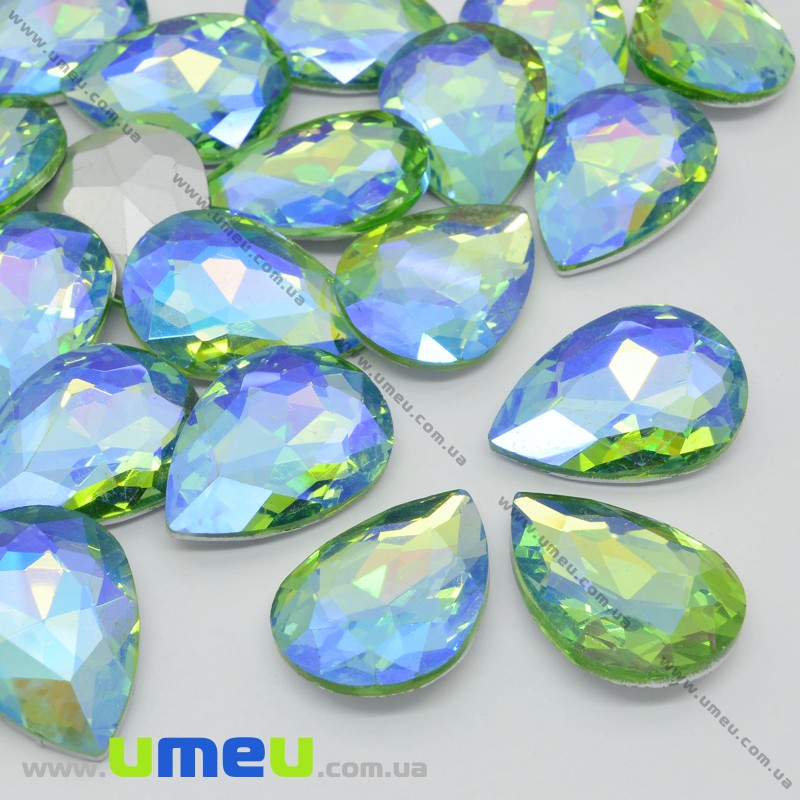 Ріволі скляний, Крапля гранована, Райдужний, 25х18 мм, Салатовий АВ (KAB-033980)