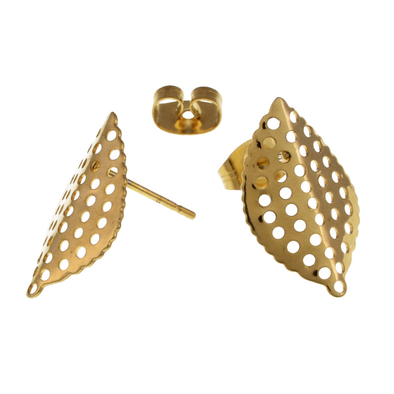 Пусети з нерж. сталі з заглушками, Листочки, 18х11 мм, Золото (STL-055773)