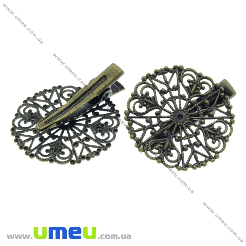 Основа мет. для заколки крокодильчик (зажим) филигранная, 36 мм, Античная бронза (OSN-014587)