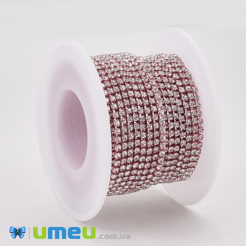 Стразовая цепь SS6 - 2,0 мм, Розовая, Стразы стеклянные белые (ZEP-040484)