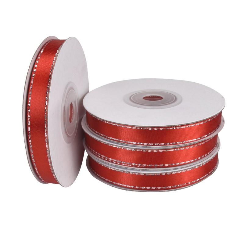 Атласна стрічка з люрексом, 10 мм, Червона зі сріблом (LEN-060348)