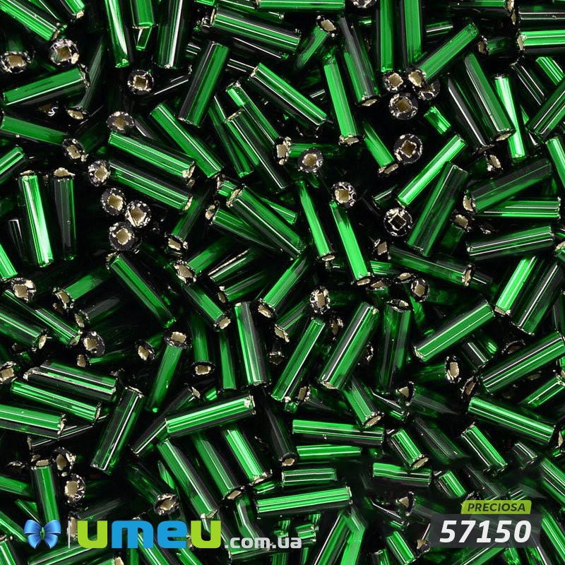 Бисер чешский Стеклярус 3 10/0, №57150, Зеленый темный блестящий, 7 мм, 5 г (BIS-010165)