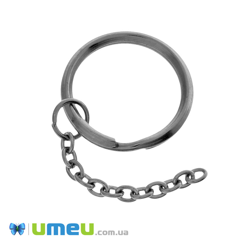Кільце для ключів з ланцюгом з нержавіючої сталі, 28 мм, Темне срібло (STL-049512)